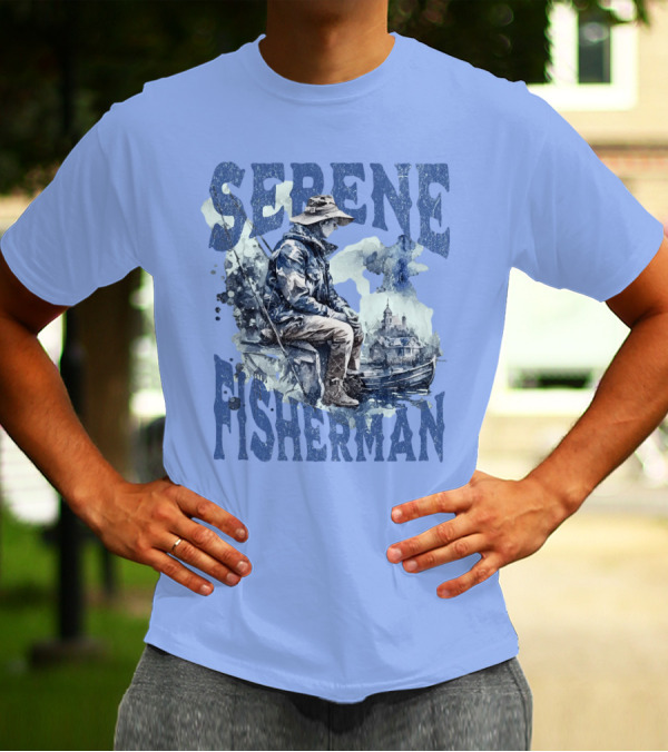 Serene Fisherman In Tranquil Lakeside Town With Boat And Reflection T-Shirt