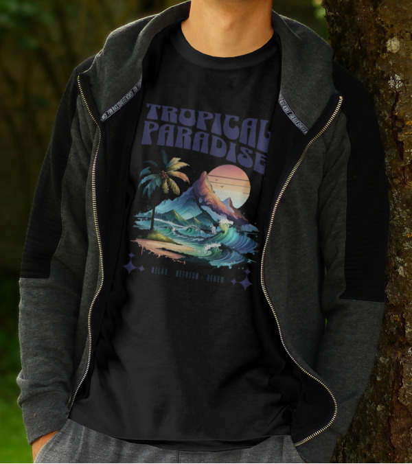 Tropical Paradise Palm Waves Island Horizon Sunset T-Shirt