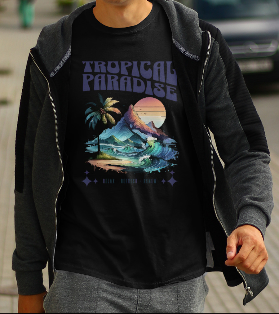 Tropical Paradise Palm Waves Island Horizon Sunset T-Shirt
