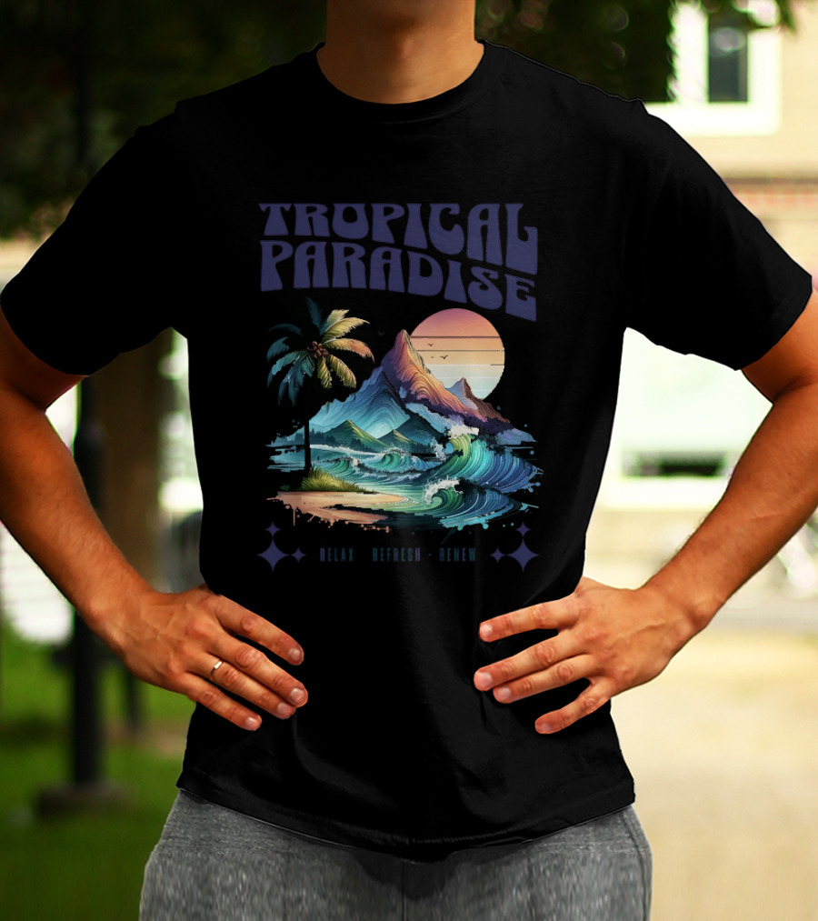 Tropical Paradise Palm Waves Island Horizon Sunset T-Shirt