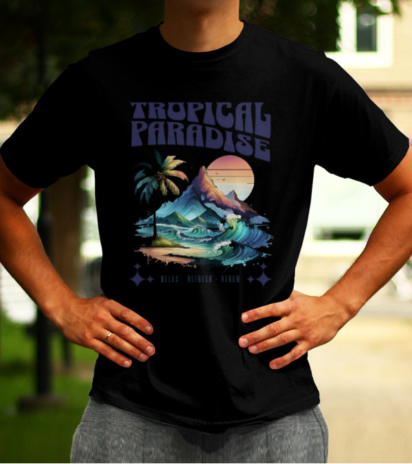 Tropical Paradise Palm Waves Island Horizon Sunset T-Shirt