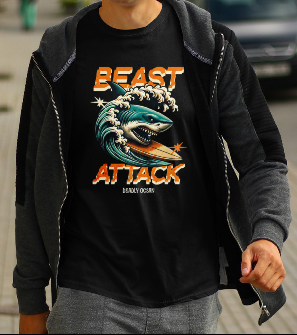 Beast Attack Deadly Ocean Shark Wave Surfboard T-Shirt