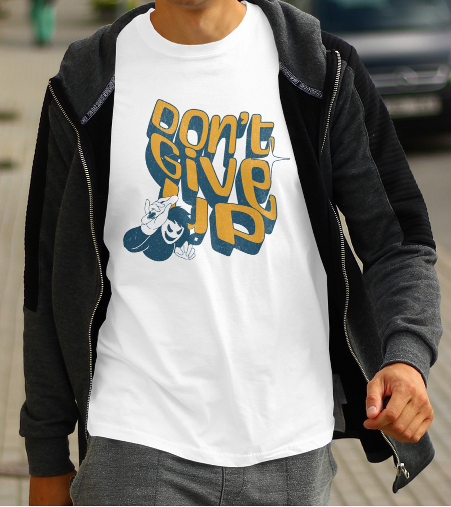 DON'T GIVE UP Retro Cartoon Hand Gesture Text T-Shirt