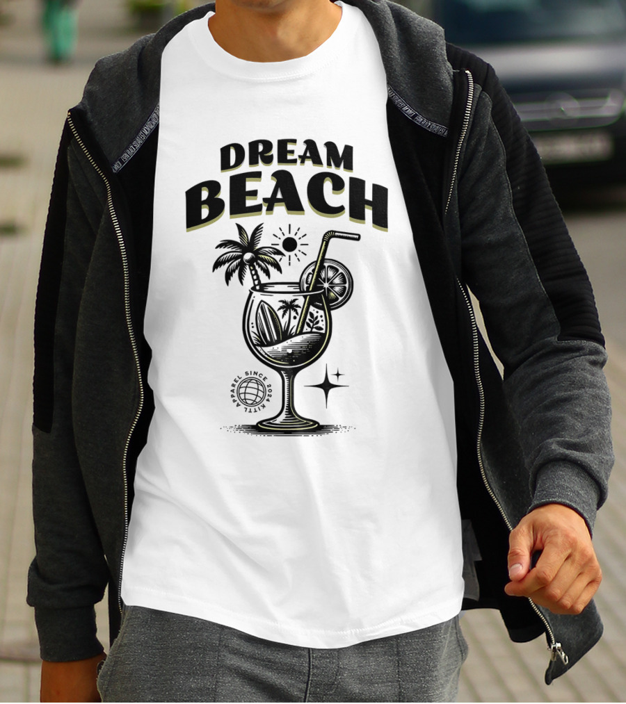 Dream Beach Travel Since 1981 Tropical Cocktail Palm Trees Sun And Moon T-Shirt