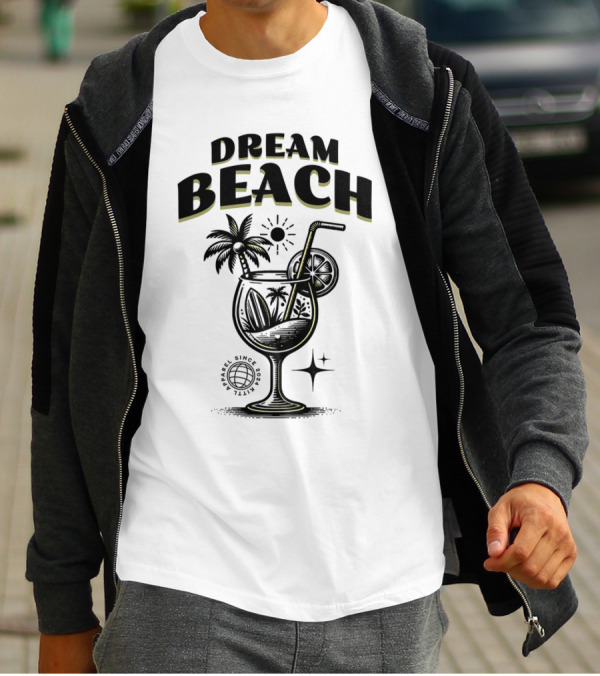 Dream Beach Travel Since 1981 Tropical Cocktail Palm Trees Sun And Moon T-Shirt