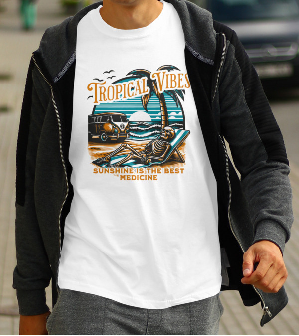 Tropical Vibes Sunshine Is The Best Medicine Skeleton Beach Van Sunset Scene T-Shirt