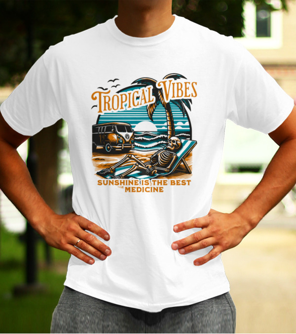 Tropical Vibes Sunshine Is The Best Medicine Skeleton Beach Van Sunset Scene T-Shirt