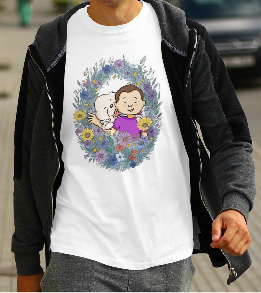 Dog Dad Cartoon Embrace In Floral Frame T-Shirt