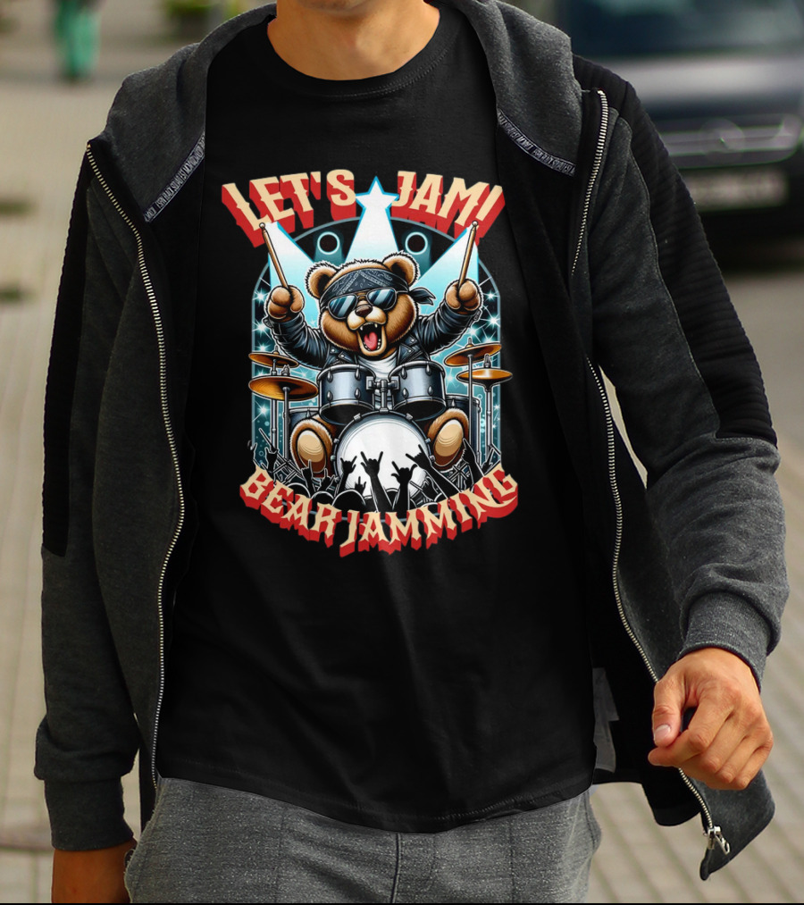 Let's Jam Bear Jamming Rock Drummer Concert Stage Electric Bear T-Shirt