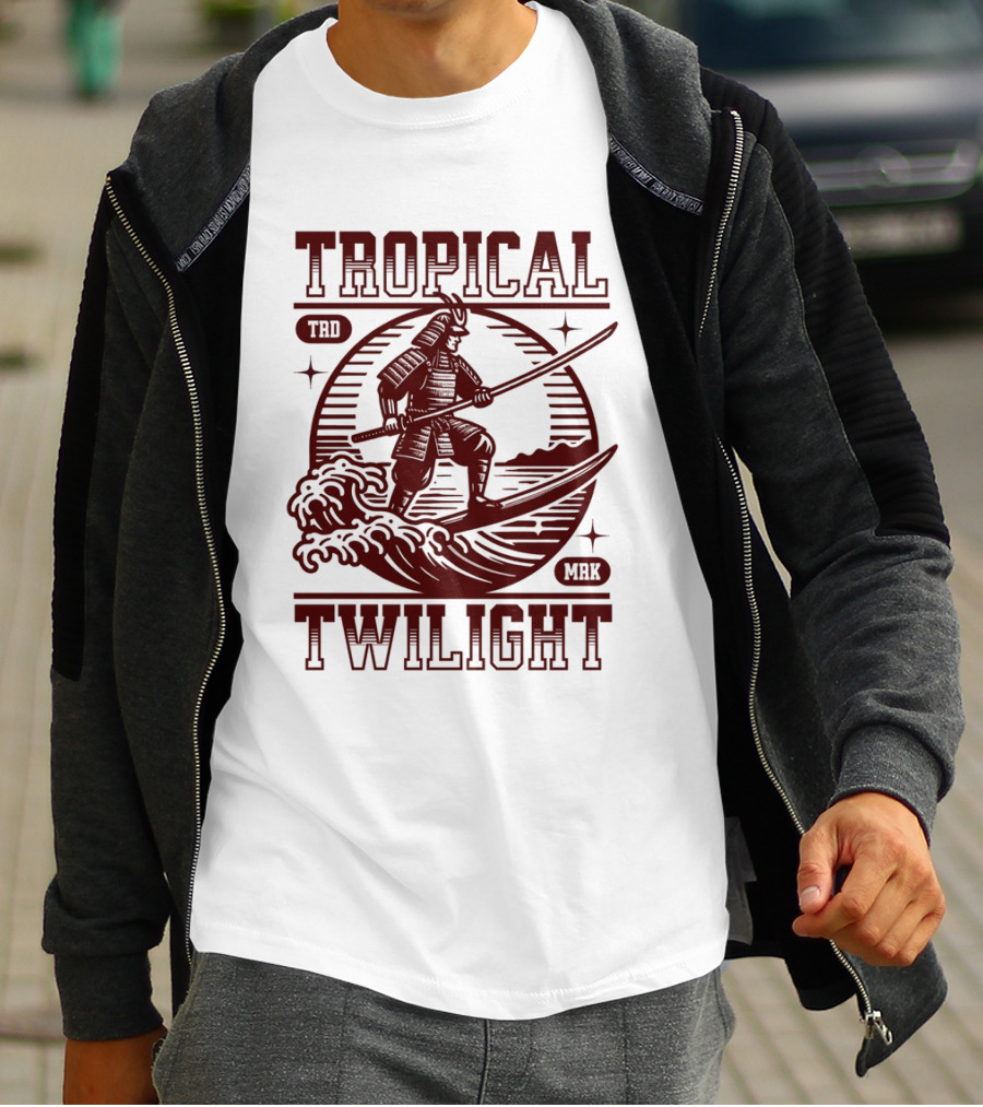 Tropical Twilight Surfing Samurai On Waves In Sunset Scene With TRD MRK T-Shirt