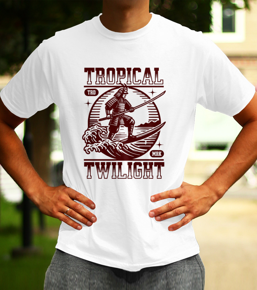 Tropical Twilight Surfing Samurai On Waves In Sunset Scene With TRD MRK T-Shirt