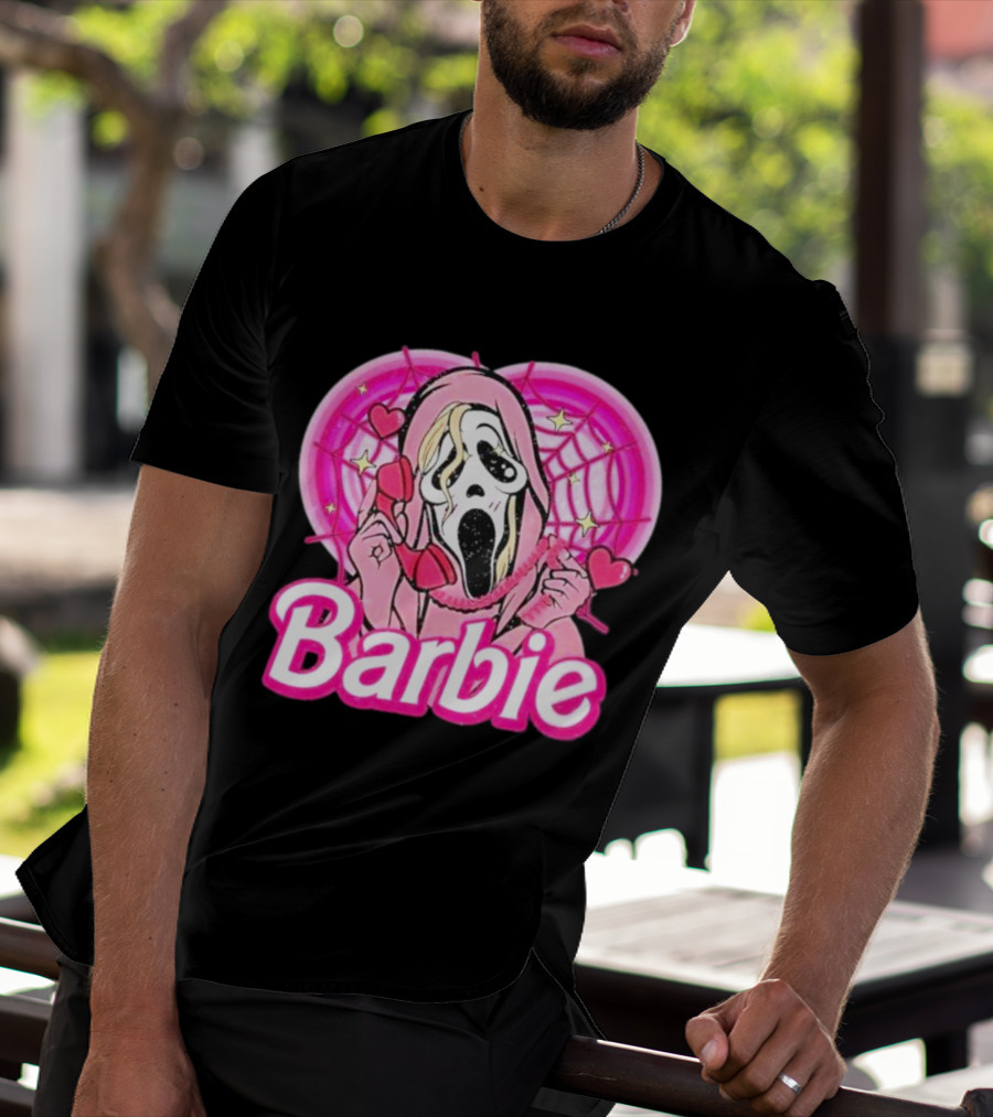 Barbie Horror Doll Ghost Face With Hearts And Pink Spiderwebs T-Shirt