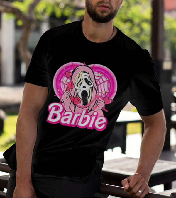 Barbie Horror Doll Ghost Face With Hearts And Pink Spiderwebs T-Shirt