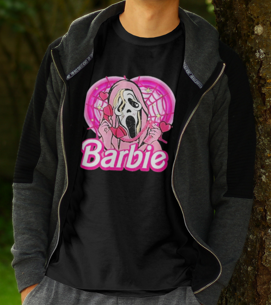 Barbie Horror Doll Ghost Face With Hearts And Pink Spiderwebs T-Shirt