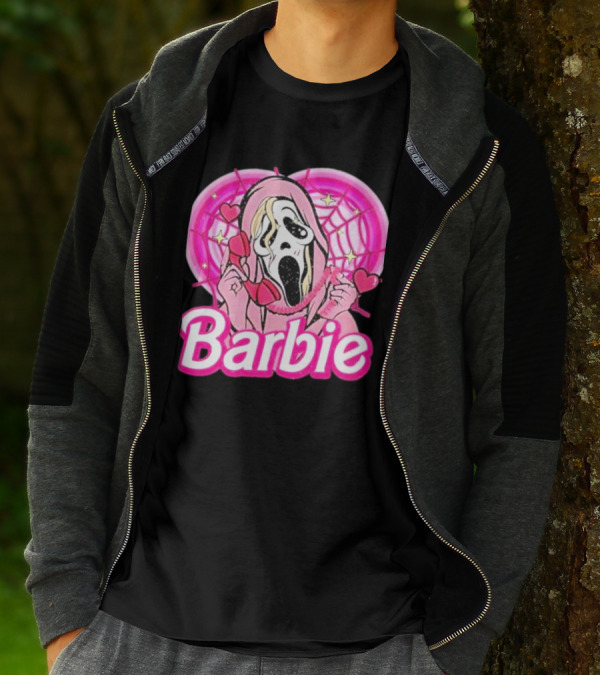 Barbie Horror Doll Ghost Face With Hearts And Pink Spiderwebs T-Shirt