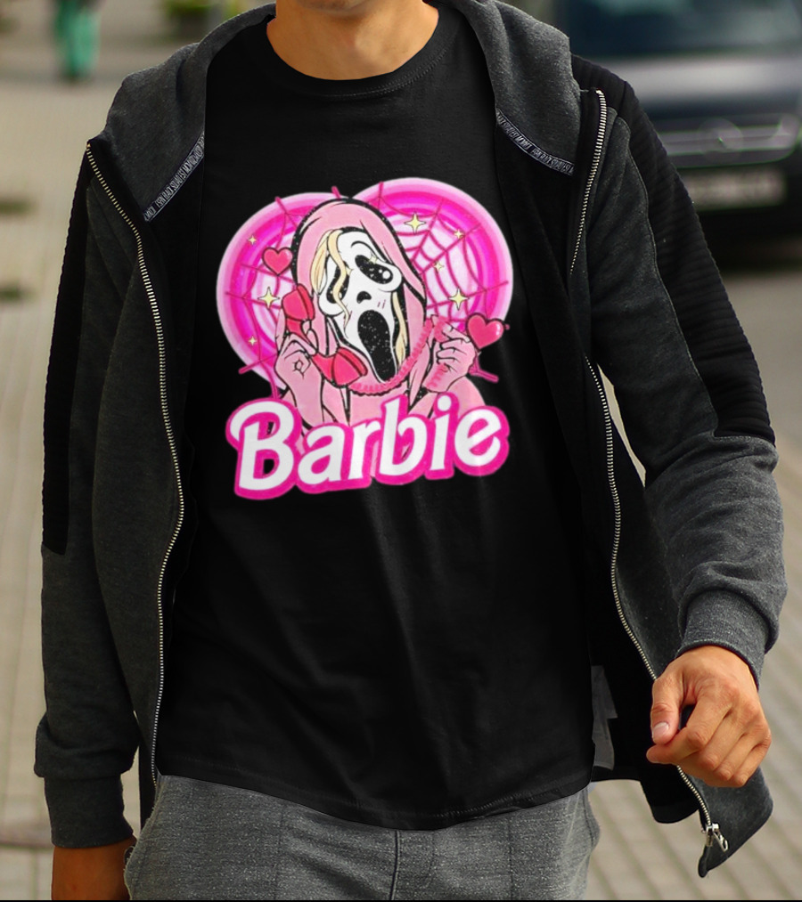 Barbie Horror Doll Ghost Face With Hearts And Pink Spiderwebs T-Shirt