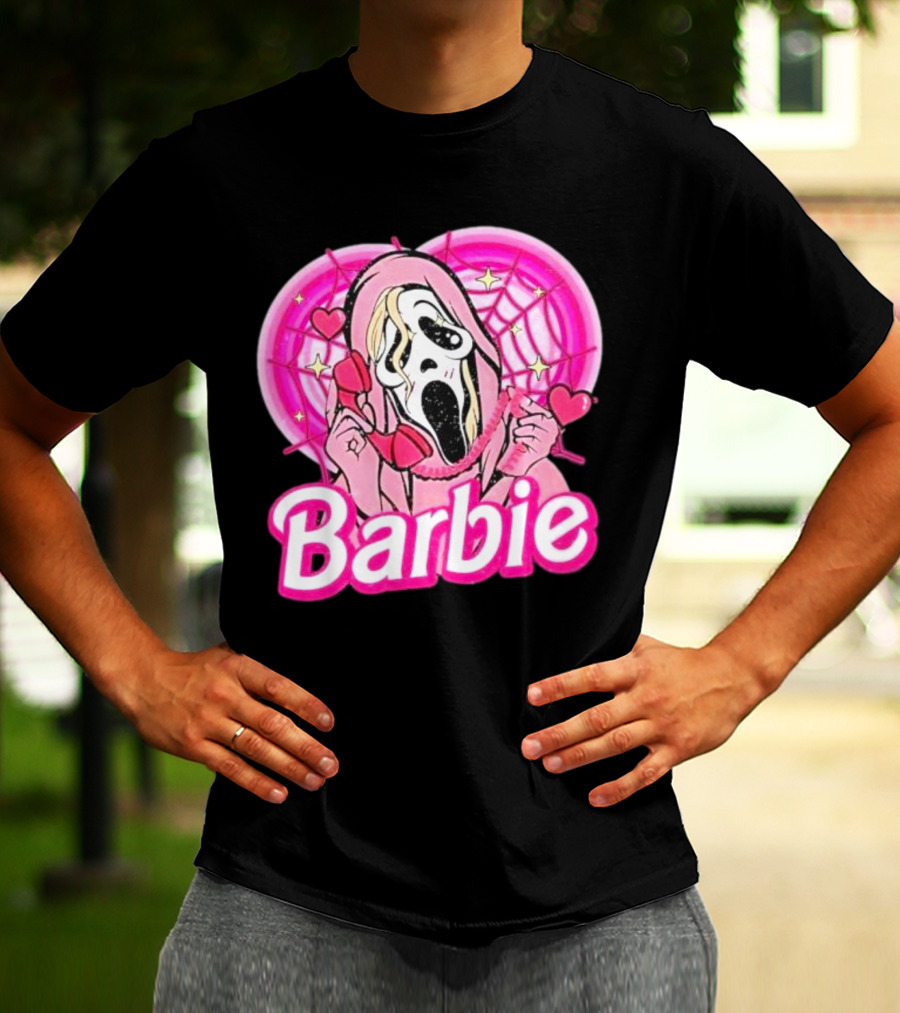 Barbie Horror Doll Ghost Face With Hearts And Pink Spiderwebs T-Shirt