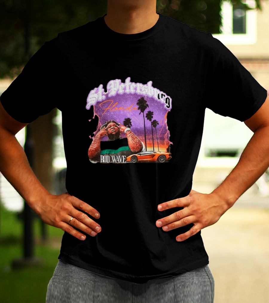 St. Petersburg Florida Rod Wave Purple Sunset Orange Car Palm Trees T-Shirt
