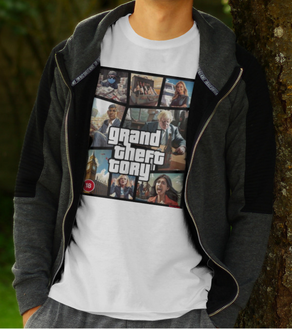 Grand Theft Tory GTA Big Ben Crime Drama 18+ Rating T-Shirt