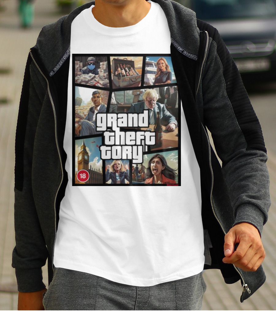 Grand Theft Tory GTA Big Ben Crime Drama 18+ Rating T-Shirt