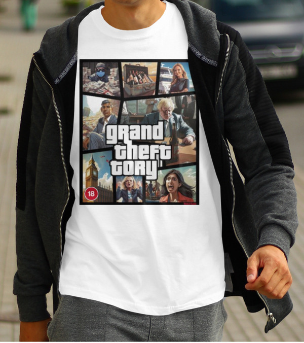 Grand Theft Tory GTA Big Ben Crime Drama 18+ Rating T-Shirt