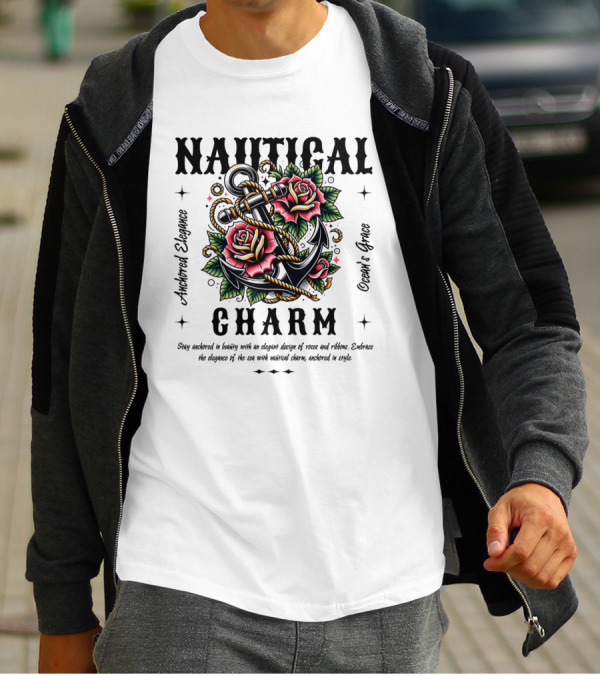 Nautical Charm Anchored Elegance Ocean's Grace Rose Ribbon T-Shirt