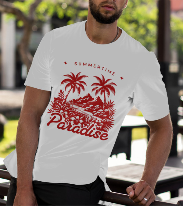Summertime Paradise Palm Trees And Mountains Landscape T-Shirt