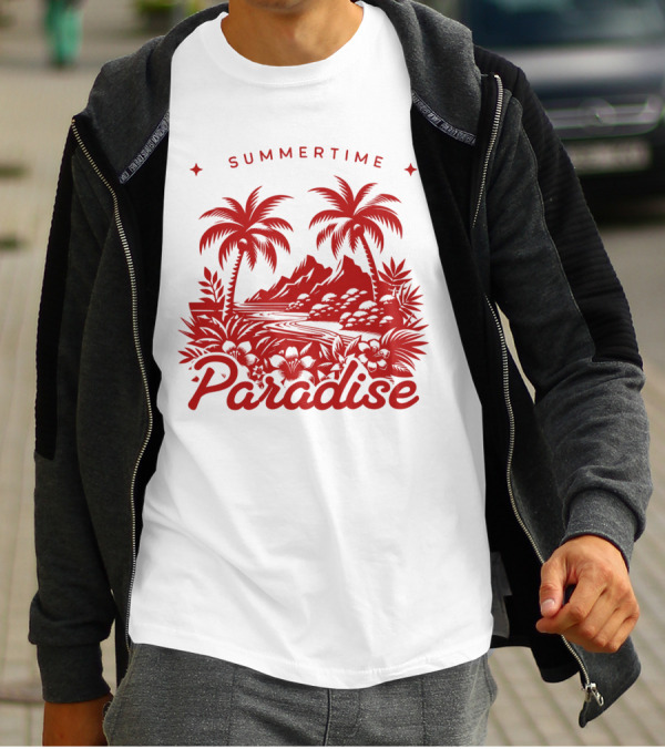 Summertime Paradise Palm Trees And Mountains Landscape T-Shirt