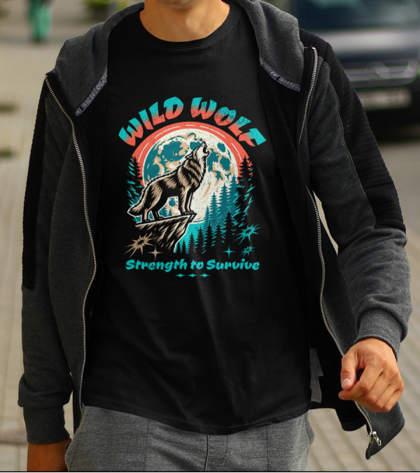 WILD WOLF Strength To Survive Full Moon Forest Scene T-Shirt