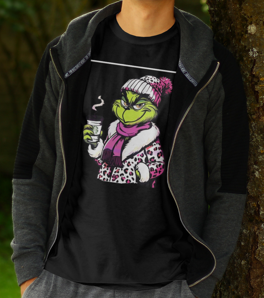Grinchy And Bougie In Pink Leopard With Coffee Cup T-Shirt