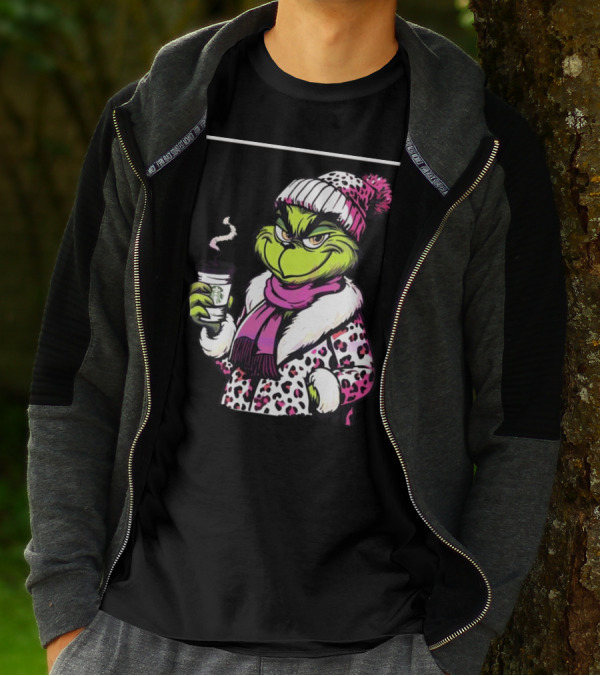 Grinchy And Bougie In Pink Leopard With Coffee Cup T-Shirt
