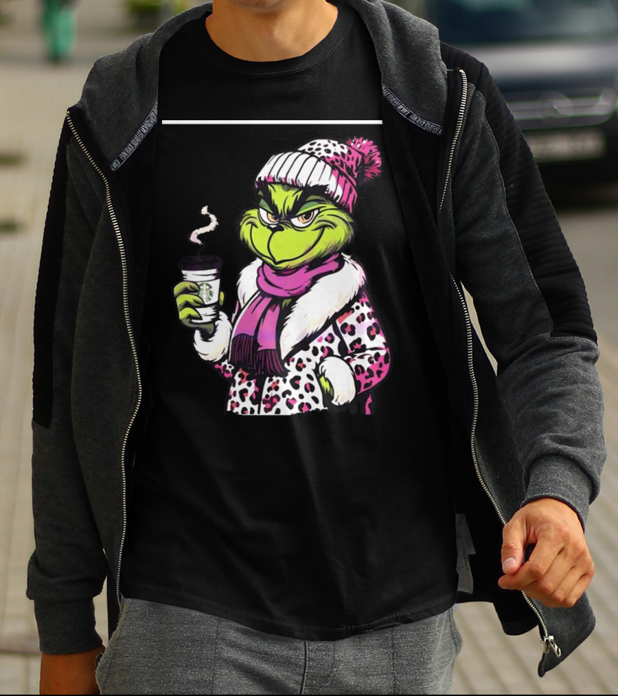 Grinchy And Bougie In Pink Leopard With Coffee Cup T-Shirt