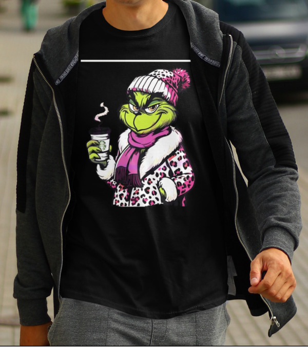 Grinchy And Bougie In Pink Leopard With Coffee Cup T-Shirt