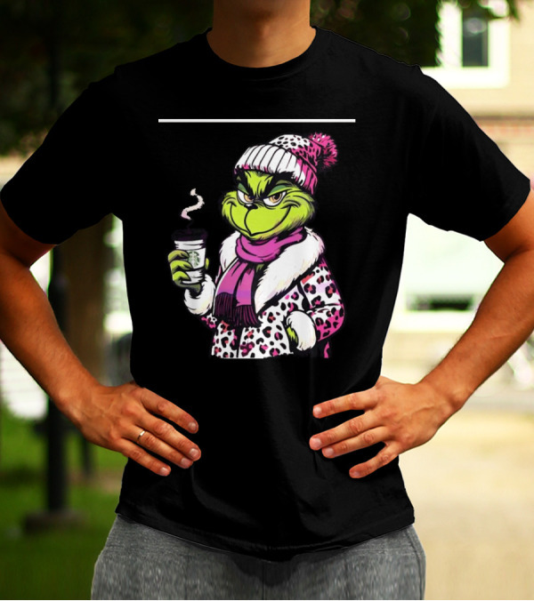 Grinchy And Bougie In Pink Leopard With Coffee Cup T-Shirt
