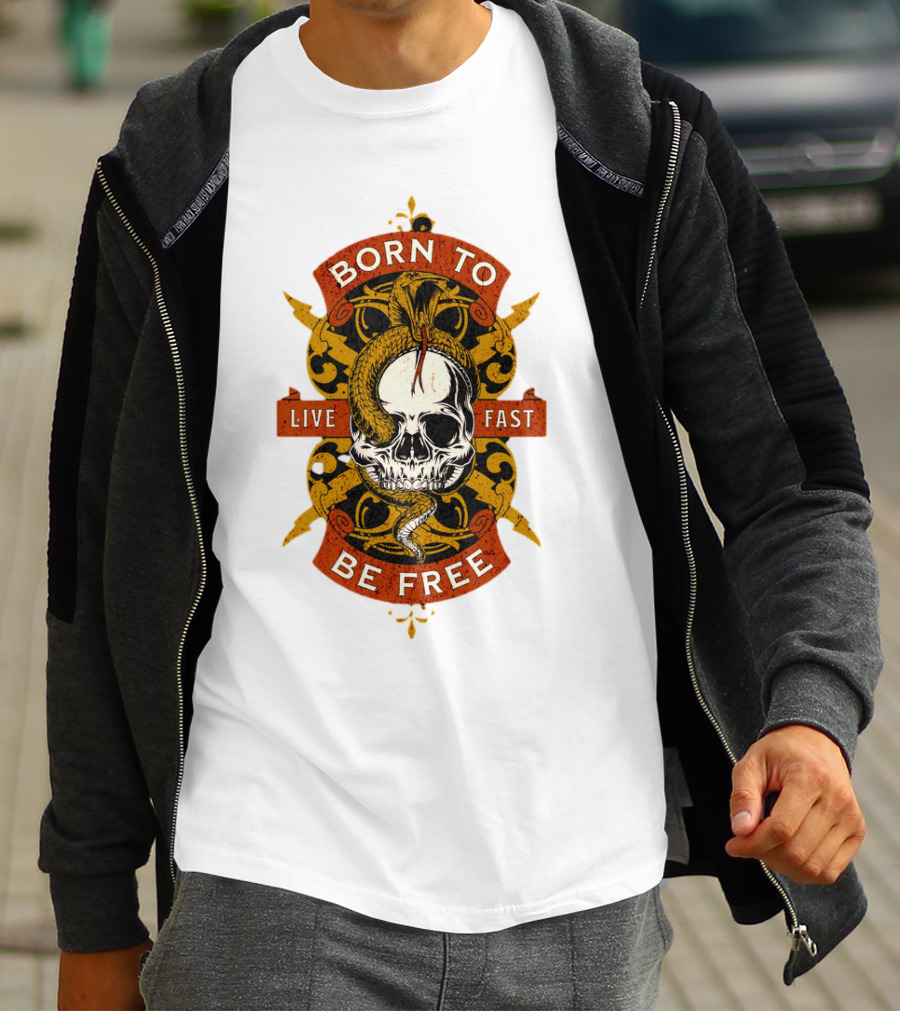 Born To Be Free Live Fast Skull With Snake And Ornate T-Shirt