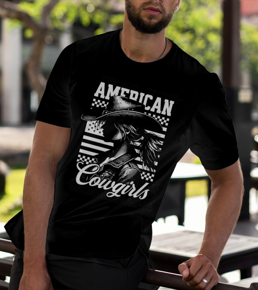 American Cowgirls Vintage Western Style Cowboy Hat Retro Flag T-Shirt
