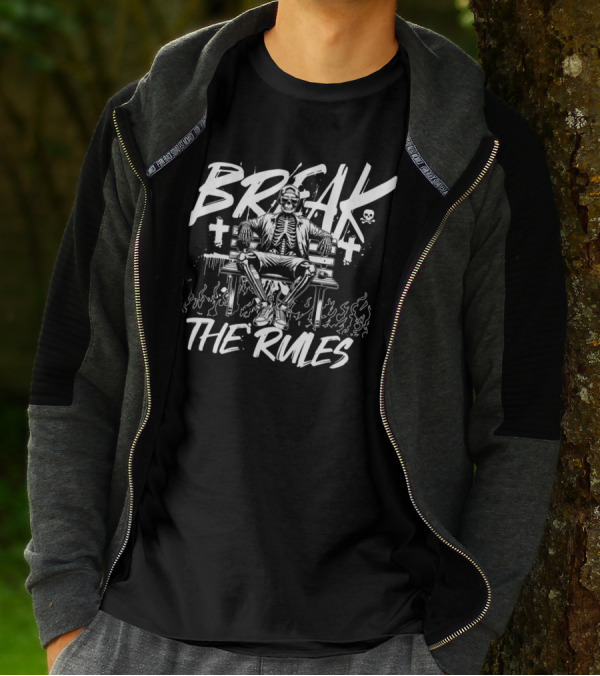BREAK THE RULES Skeleton Bench Fire Skulls Crosses T-Shirt