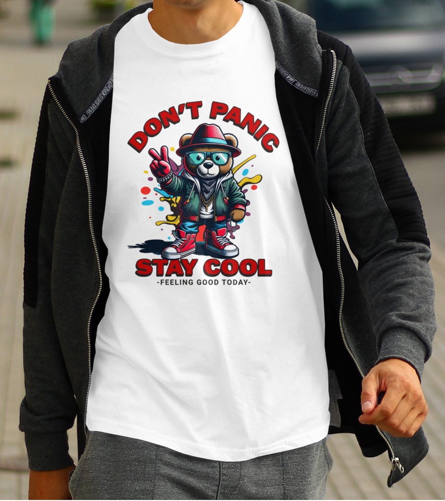 Don't Panic Stay Cool Feeling Good Today Bear With Peace Sign T-Shirt
