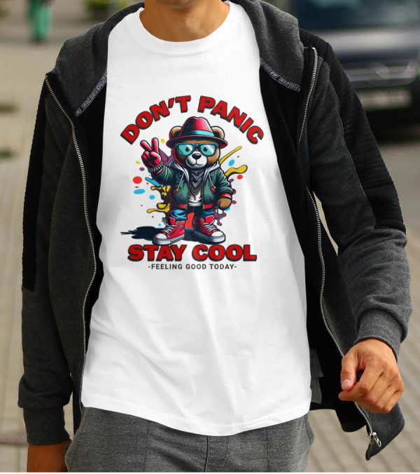 Don't Panic Stay Cool Feeling Good Today Bear With Peace Sign T-Shirt