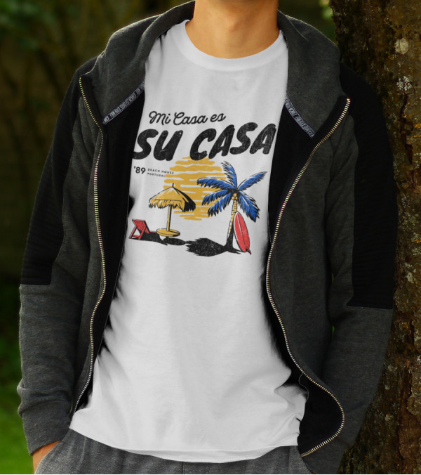 Mi Casa Es Su Casa '89 Beach House Portugal Palm Tree Umbrella Chair Surfboard T-Shirt