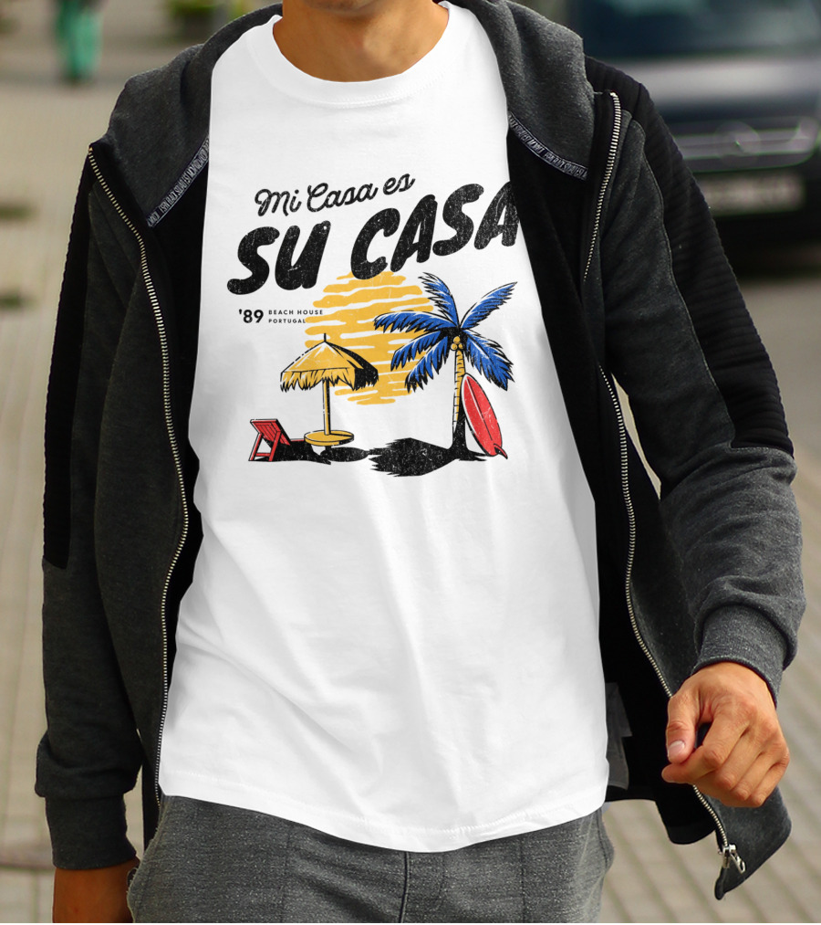 Mi Casa Es Su Casa '89 Beach House Portugal Palm Tree Umbrella Chair Surfboard T-Shirt