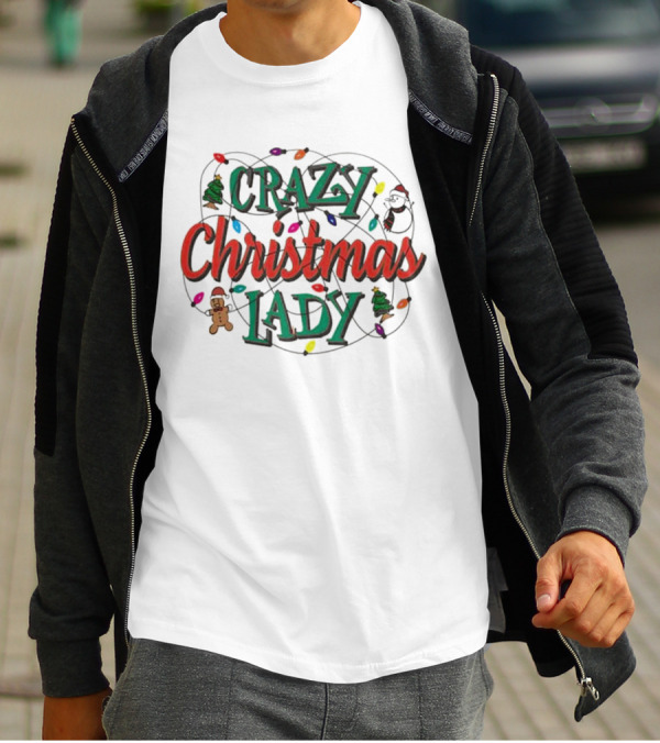 Crazy Christmas Lady Lights Gingerbread Tree Stocking T-Shirt
