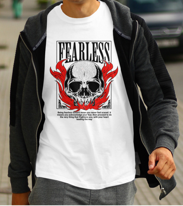 FEARLESS Skull With Red Flames Street Wear T-Shirt
