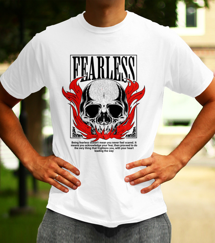 FEARLESS Skull With Red Flames Street Wear T-Shirt