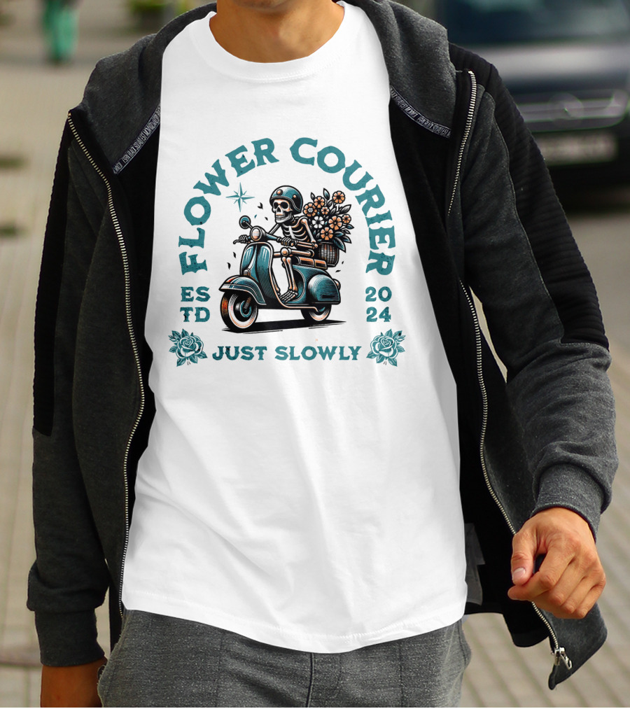 Flower Courier Skeleton Vespa Rider Just Slowly T-Shirt