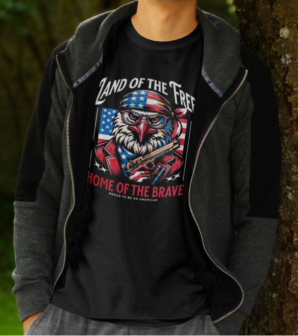 Land Of The Free Home Of The Brave Proud To Be An American Eagle With Bandana And Gun T-Shirt
