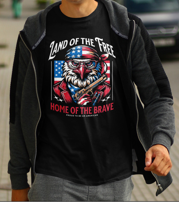 Land Of The Free Home Of The Brave Proud To Be An American Eagle With Bandana And Gun T-Shirt