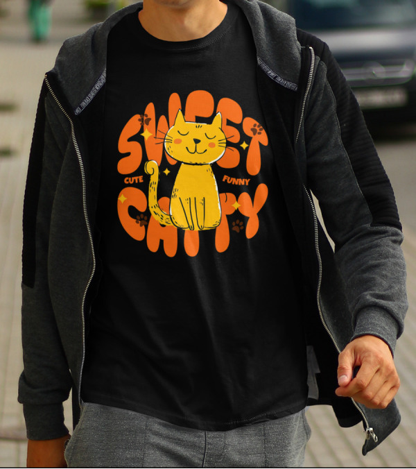 Cute Funny Sweet Cat Happy Yellow Cat With Paw Prints T-Shirt