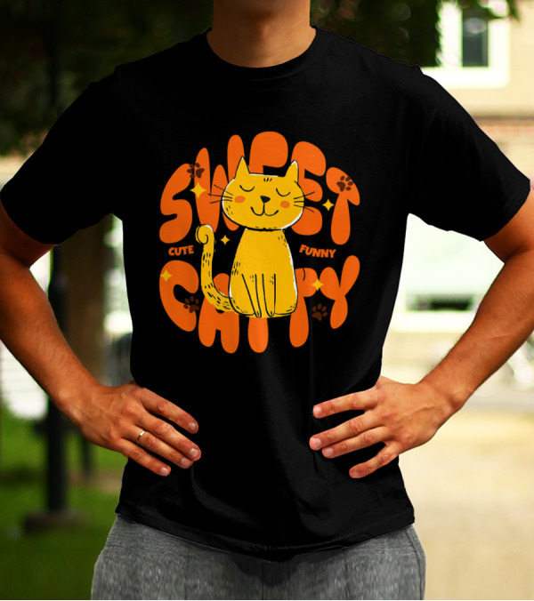 Cute Funny Sweet Cat Happy Yellow Cat With Paw Prints T-Shirt