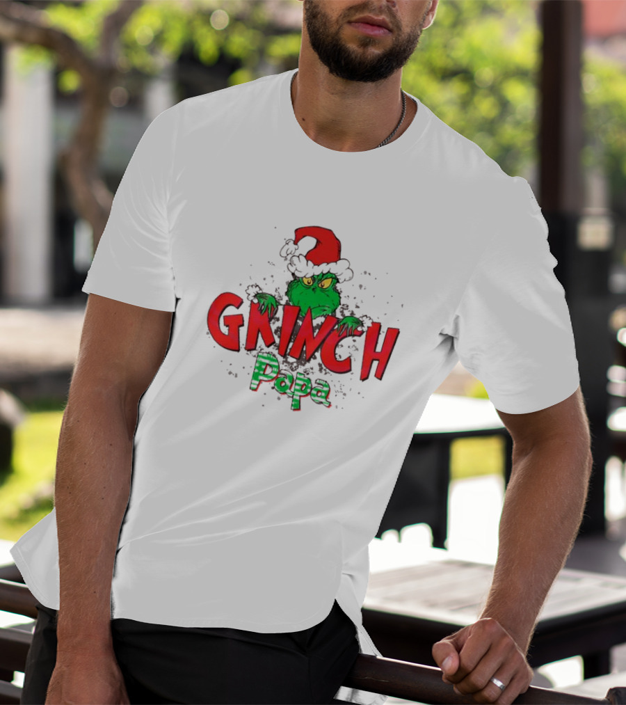 Grinch Christmas Papa Theme With Santa Hat T-Shirt
